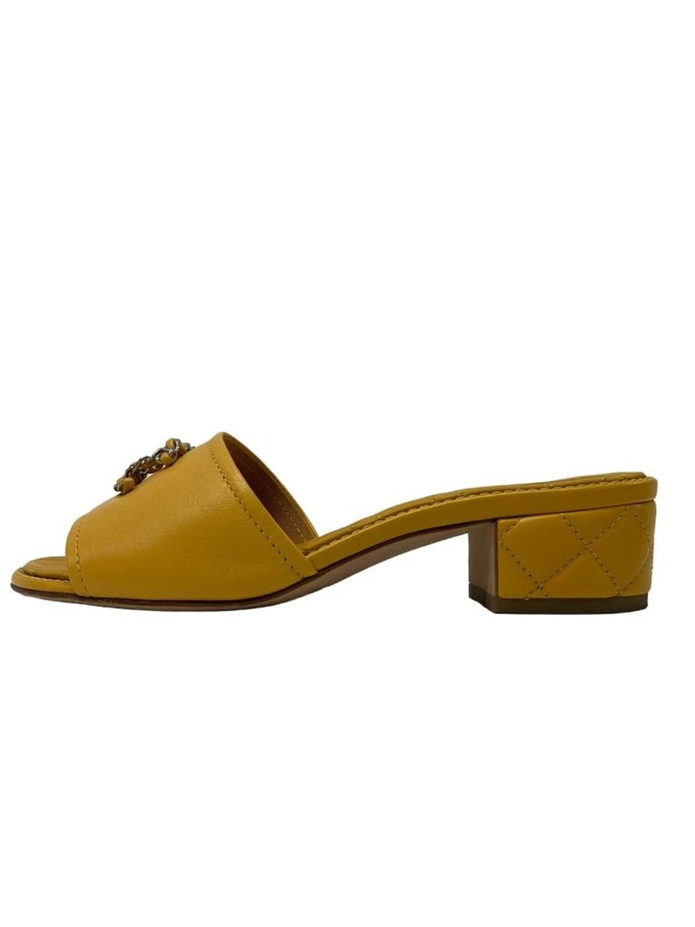 Chanel Mules CC Logo Mustard Chain Quilted Leather